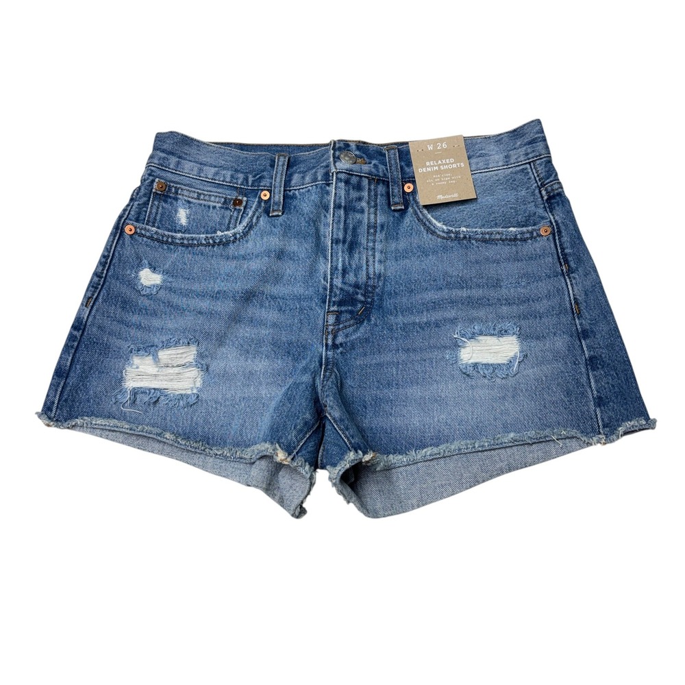 NWT Madewell Relaxed Denim Shorts Womens W26 L3 Blue Distressed Frayed Hem